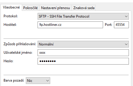 Filezilla nastavení SFTP