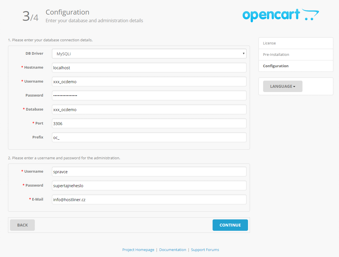 Instalace Opencart 3. krok - vyplněná data